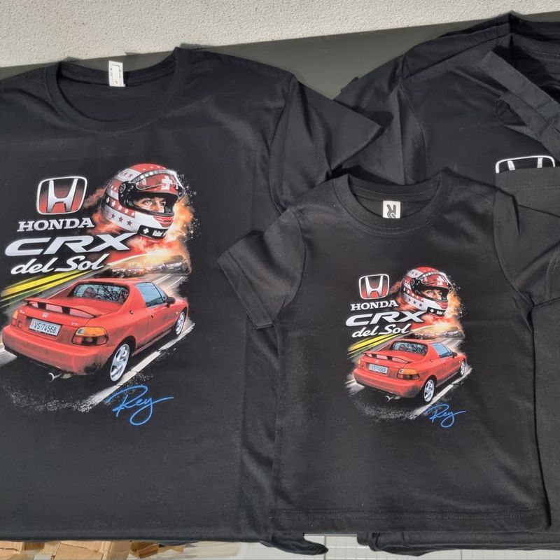 Conjunto de t-shirts pretas de adulto e criança com estampagem DTF a cores do Honda CRX del Sol